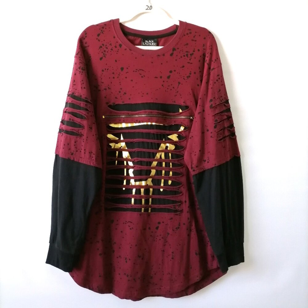 Black Lacquer Mens Burgundy Front Cut Ribbed  Gold Detailing Dots Tee Size 2XL